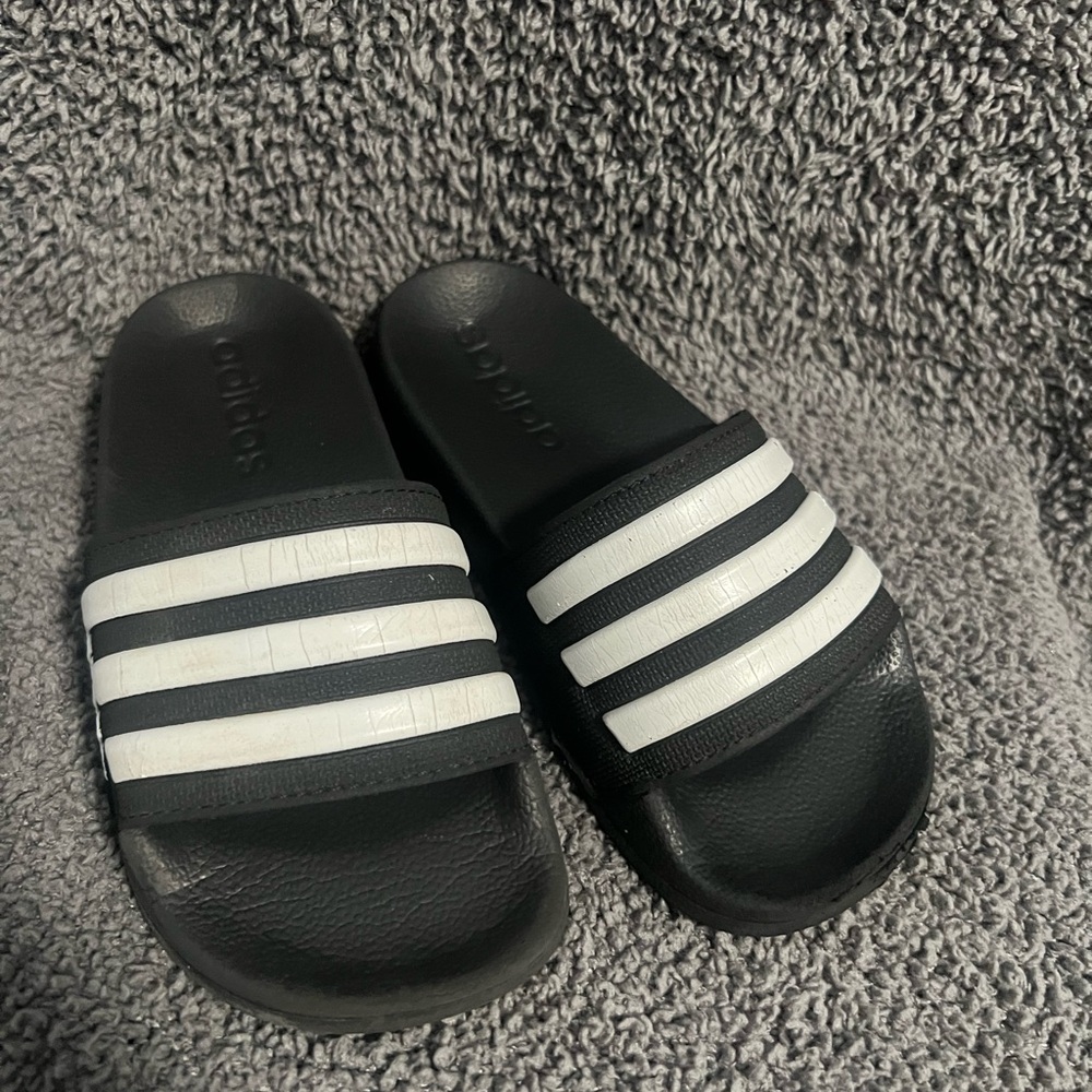 Adidas kids Black and White Striped Slides